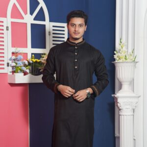 Black Premium Cotton Panjabi for Men – Elegant Gold Detailing