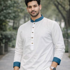 Men's Traditional Punjabi - White and Blue Design