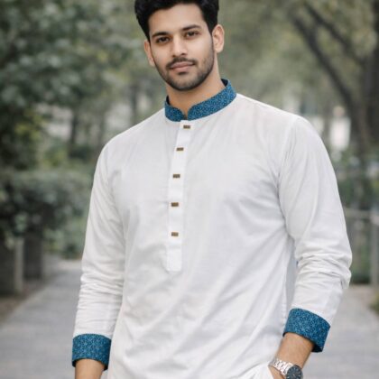 Men’s Traditional Punjabi – White and Blue Design